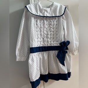 Polly Flinders Smocked Vtg Polka Dot Dress with Navy Accents Sz 6 Like NEW